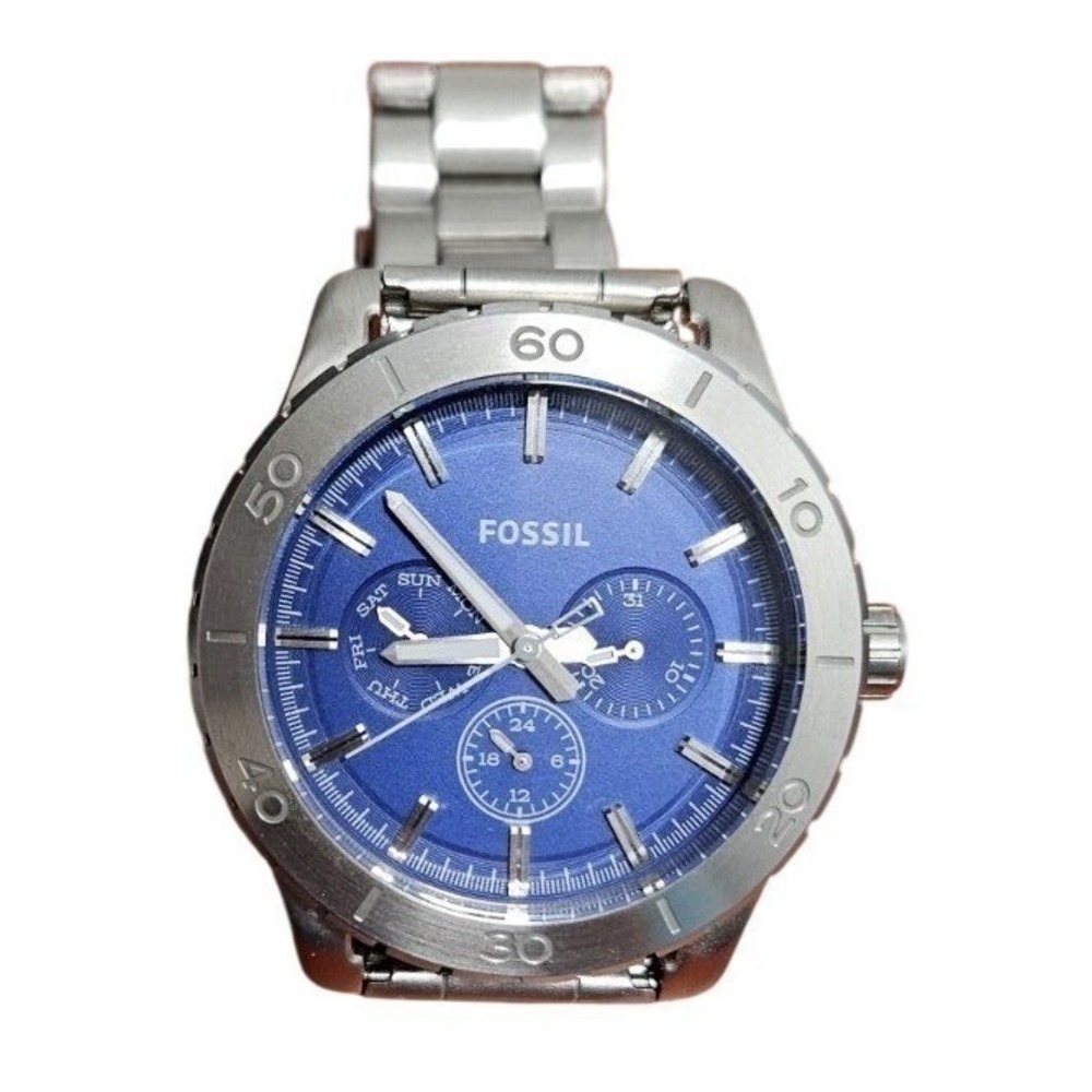 Fossil BQ1056 Mens Blue Dial Stainless Steel Multifunction Watch Tin New Battery